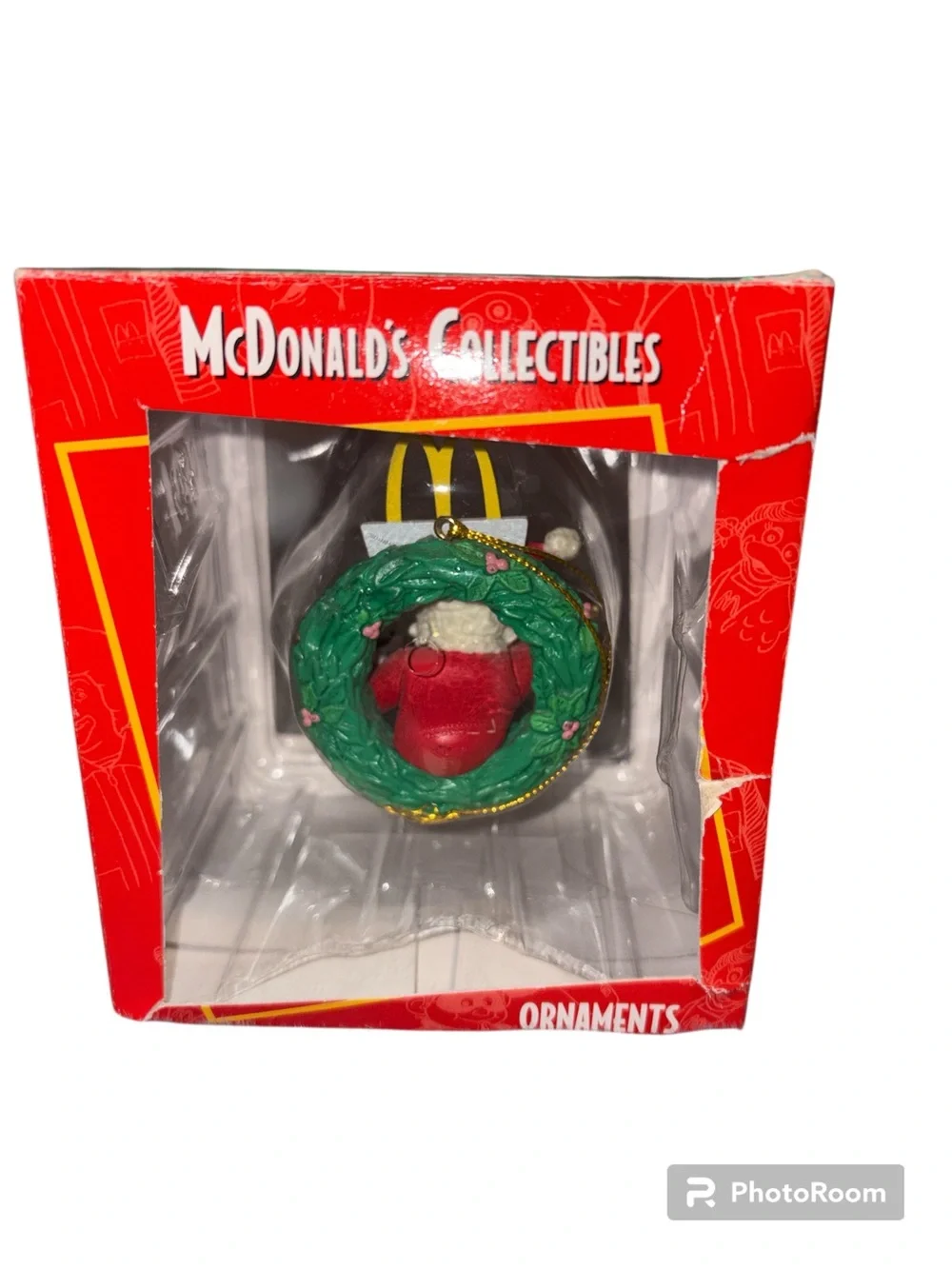 McDonald's Collectibles Ornaments, Santa in Wreath Holding Hamburger Meal 1996